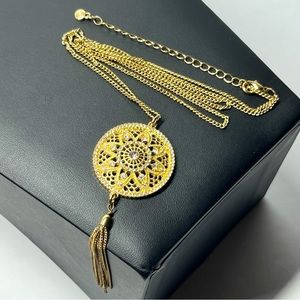 Golden Crystal Medallion Tassel Pendant Necklace 28"